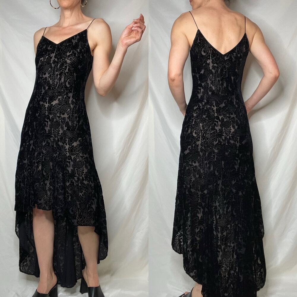 Vintage 90s Y2K velvet burnout slip dress hi-lo train hem black whimsigoth prom - Picture 11 of 15